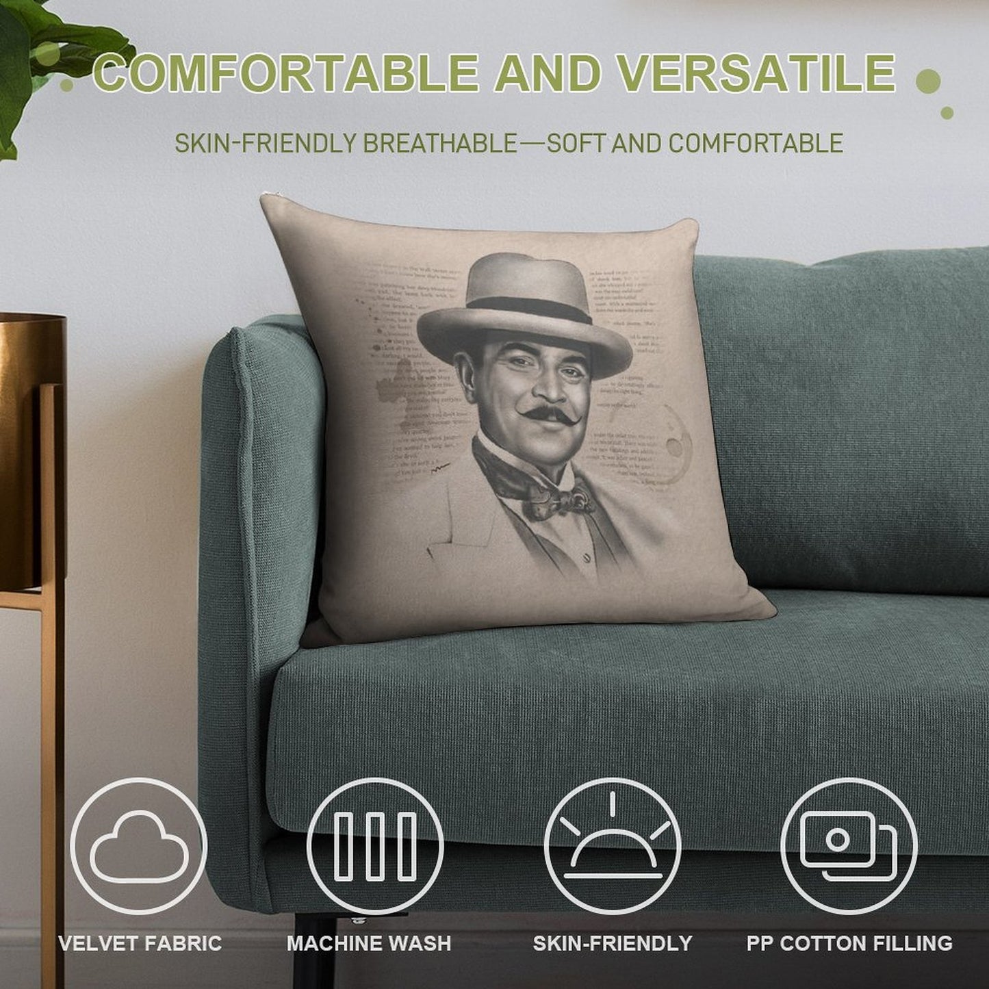 Hercule Poirot Soft Fade-Resistant Throw Pillow