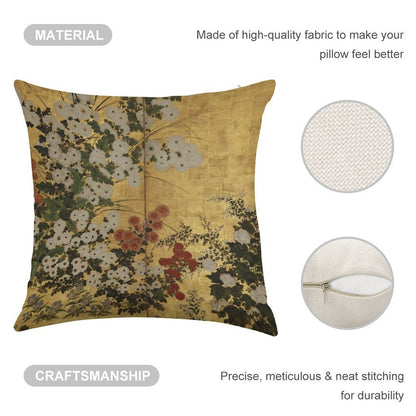 White Red Chrysanthemums Floral Japanese Gold Screen Print Linen Throw Pillow Cover
