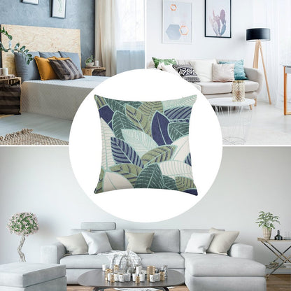 Leaf Wall  Navy Blue Pine And Sage Green Leaves Mint Lines Linen Throw Pillow Cover