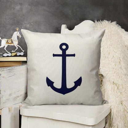 Navy Blue Anchor On White Linen Throw Pillow Cover