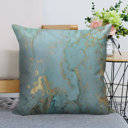 Marble Design - Gold Effect - Turquoise Blue, Teal Marbling Linen Throw Pillow Cover