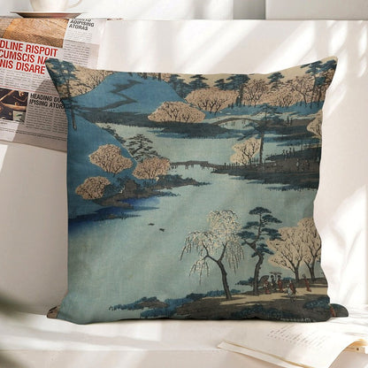 Vintage 1800's Japanese River Landscape Art Linen Throw Pillow Cover