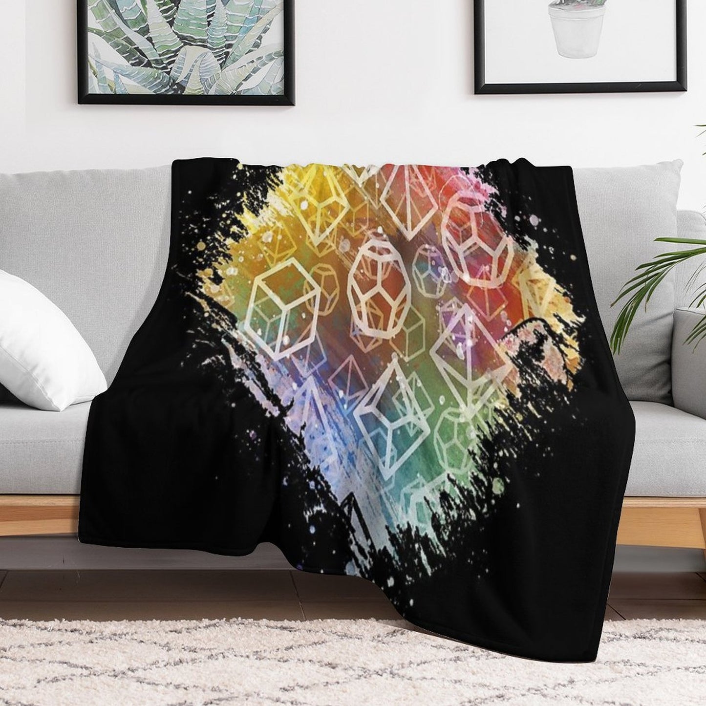 D20 Dice Watercolor Rainbow Throw Blanket