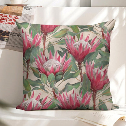 Painted King Proteas on Cream Linen Throw Pillow Cover