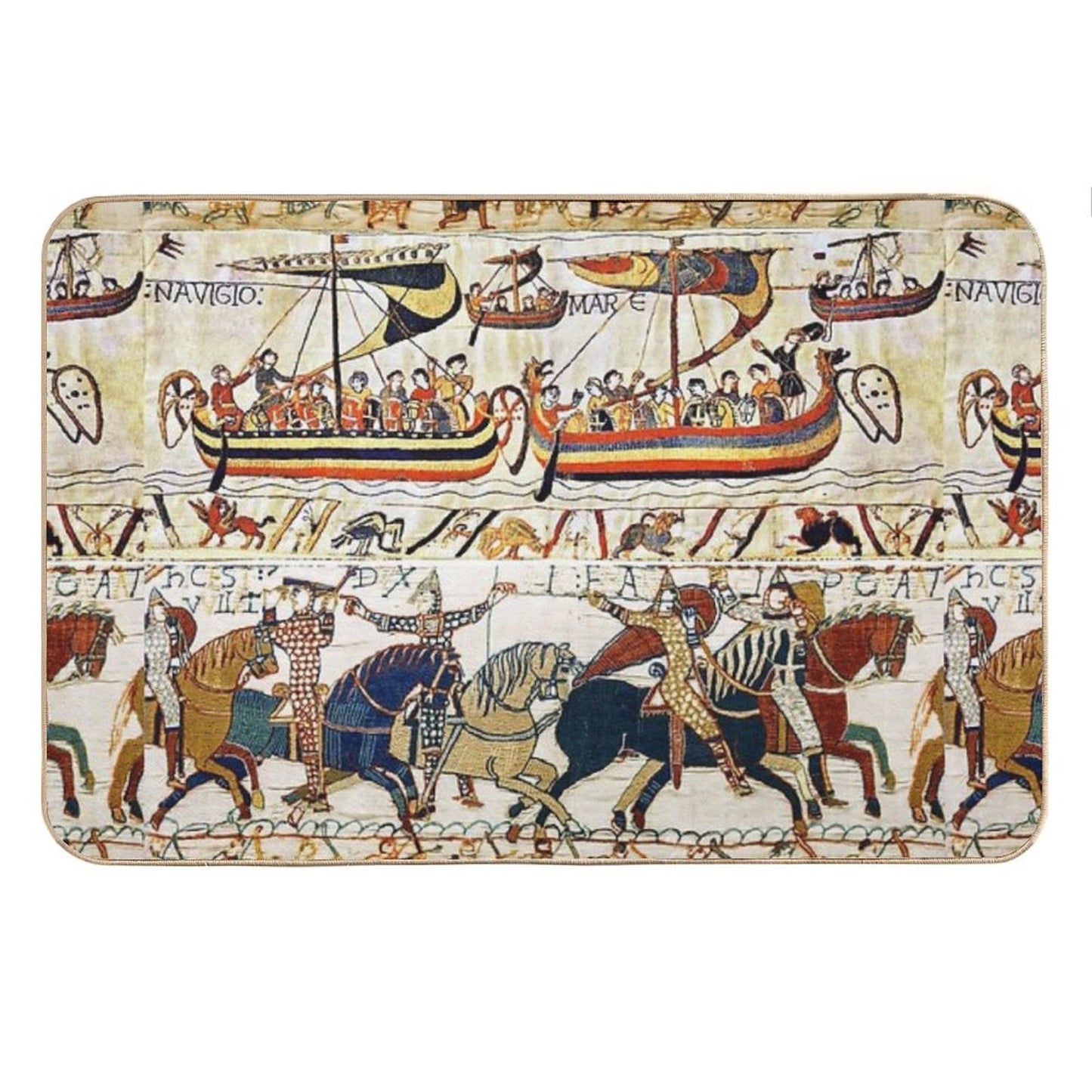 THE BAYEUX TAPESTRY ,BATTLE OF HASTINGS ,NORMAN KNIGHTS HORSEBACK, ARCHERS AND VIKING SHIPS Bath Mat