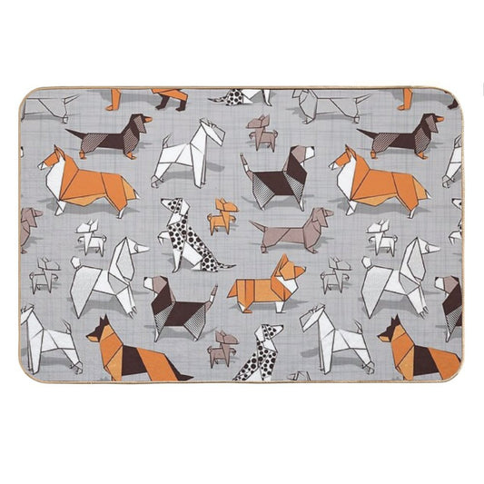 Origami Doggie Friends  Grey Linen Texture Background Bath Mat