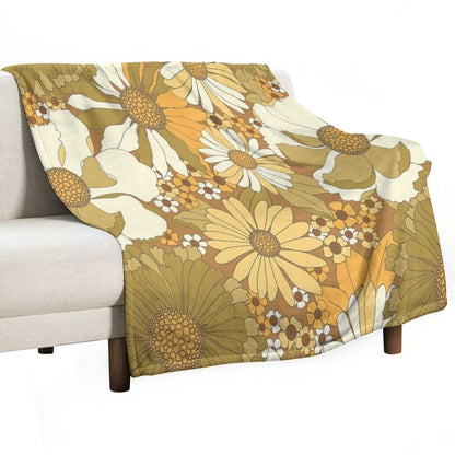 Brown, Orange, Ivory & Green Vintage Flower Pattern Throw Blanket