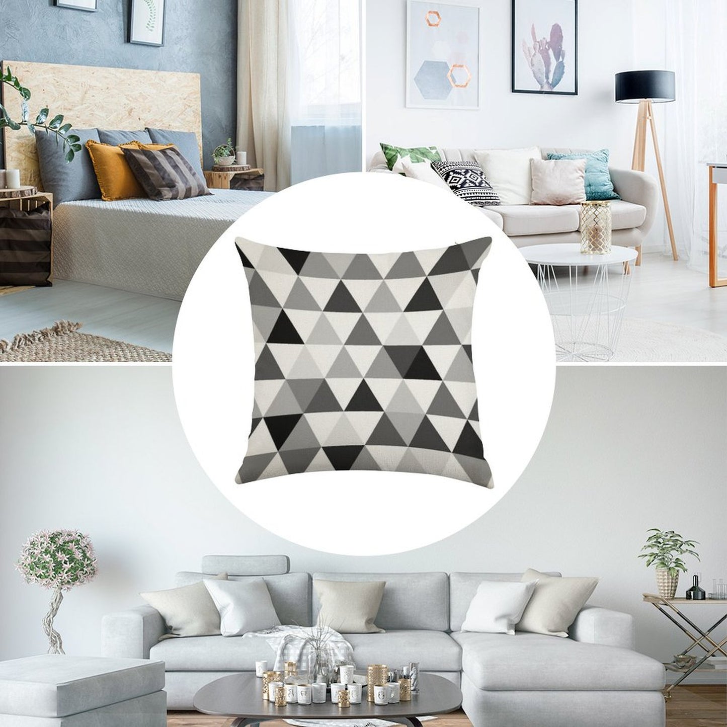 Triangles in Black, Grey And White Linen Throw Pillow Cover