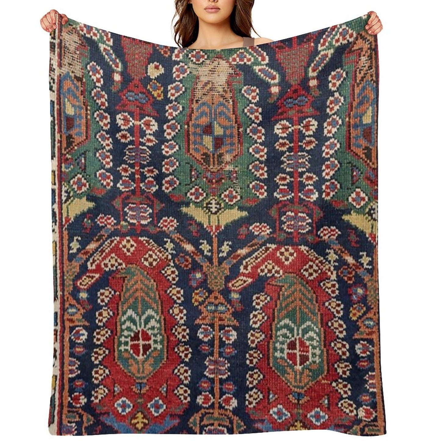 Midnight Blue Botehs 19th Century Authentic Colorful Red Aztec Shapes Rug Throw Blanket