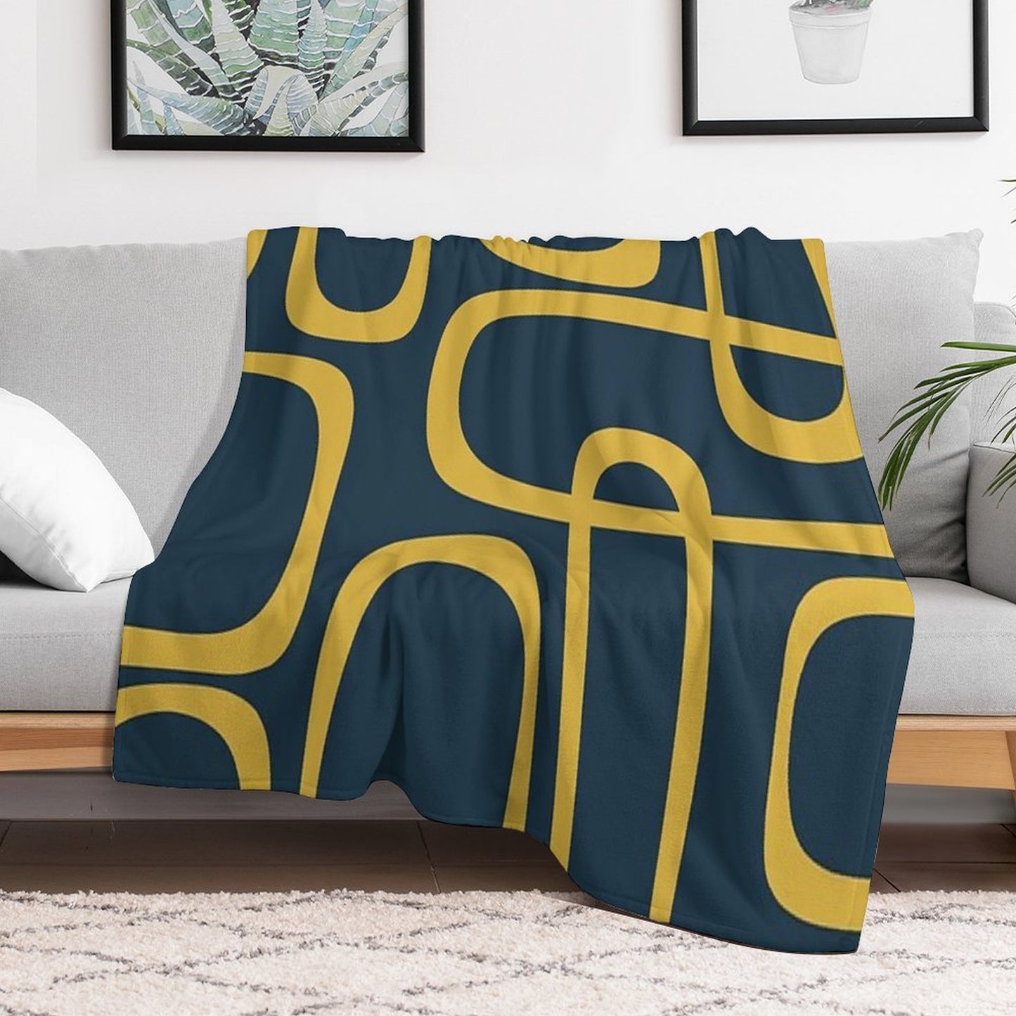 Midcentury Modern Loops Retro Pattern in Light Mustard And Navy Blue Throw Blanket