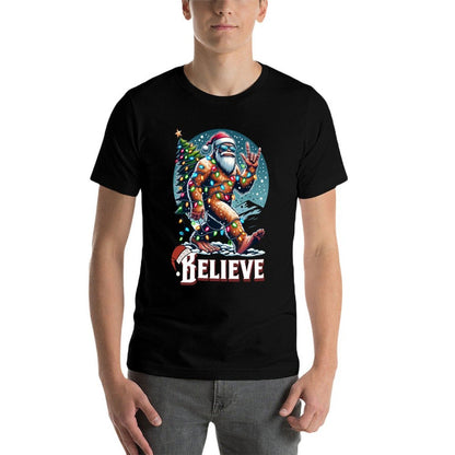 Santa Bigfoot Christmas Lights Funny Sasquatch Believe Xmas  Wrinkle-resistant T-Shirt