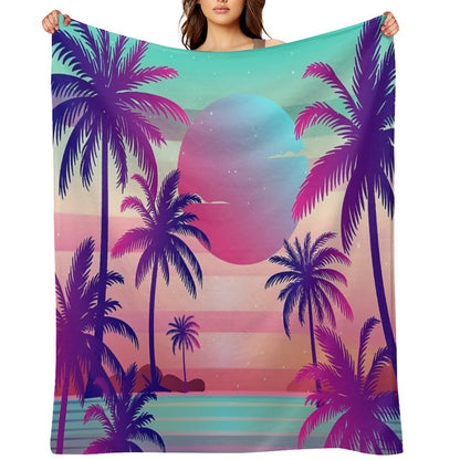 Sunset Palm Trees Vaporwave Aesthetic Throw Blanket