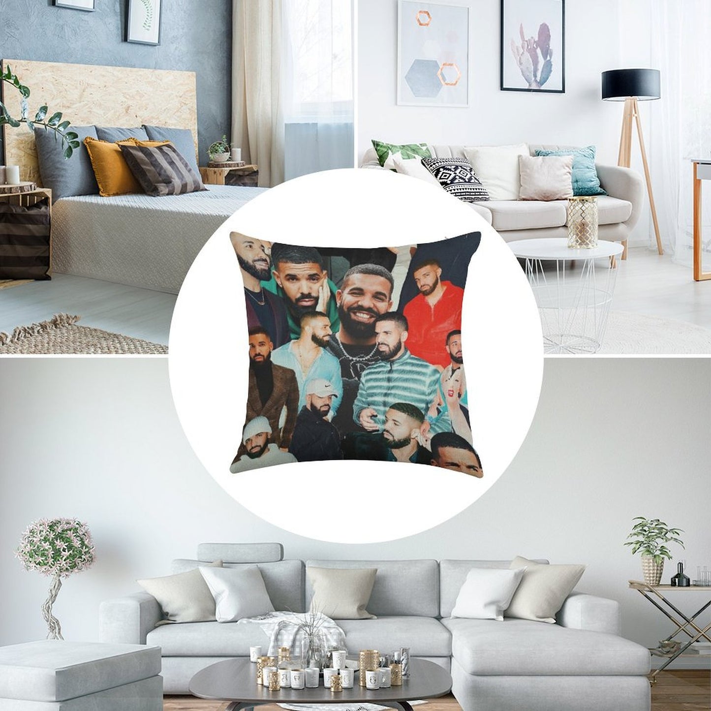 Drake Collage Linen Throw Pillow Cover