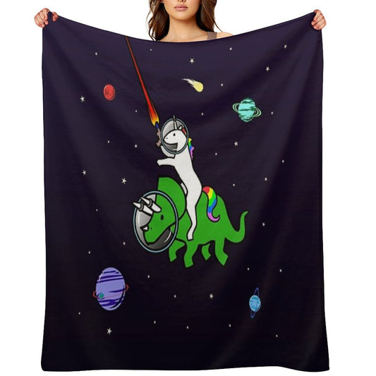 Unicorn Riding Triceratops In Space Throw Blanket