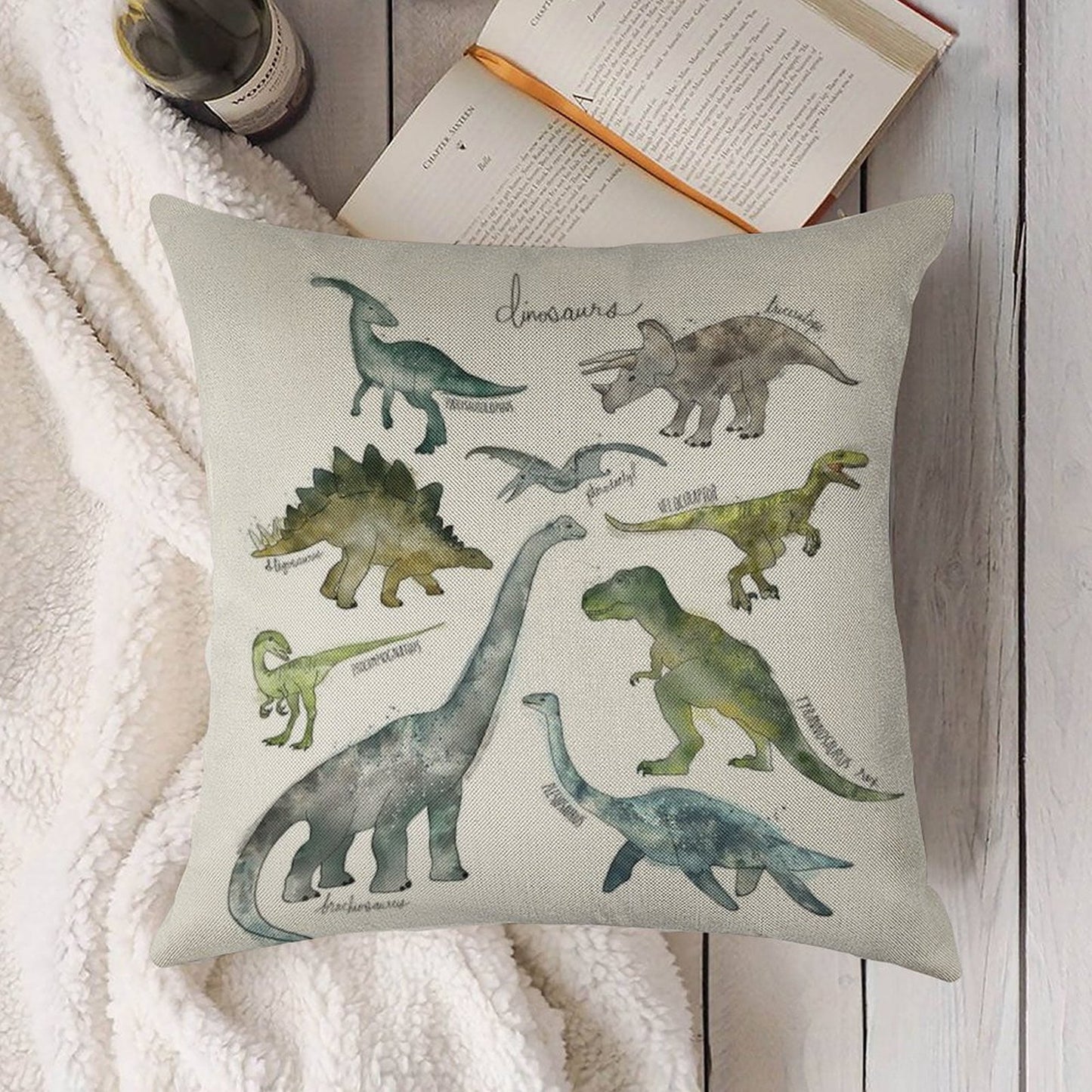 Dinosaurs Linen Throw Pillow Cover