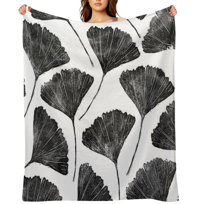 Ginkgo Biloba, Lino Cut Nature Inspired Leaf Pattern Throw Blanket