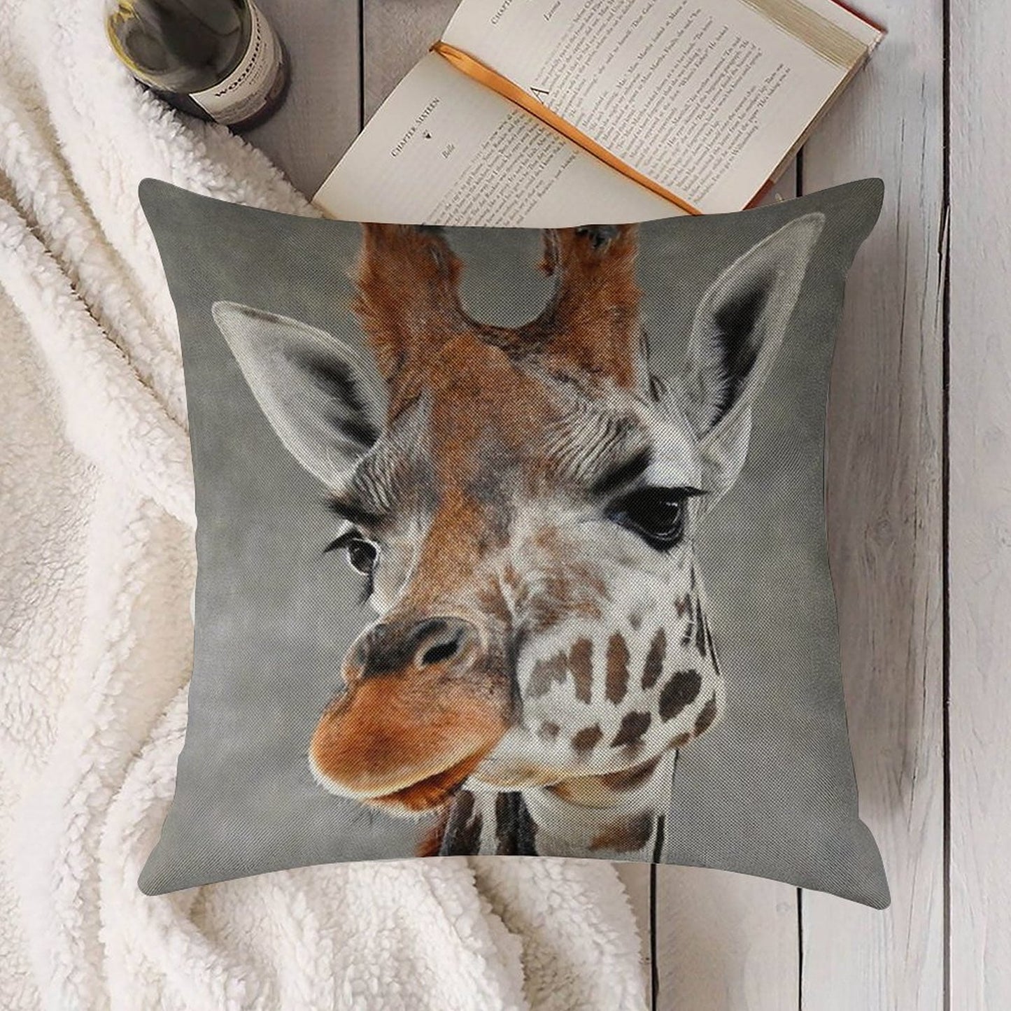 Giraffe on Grey Linen Throw Pillow Cover