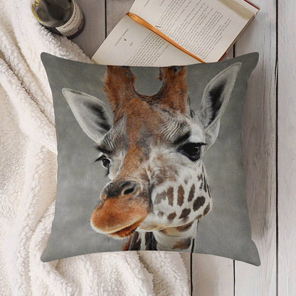 Giraffe on Grey Linen Throw Pillow Cover