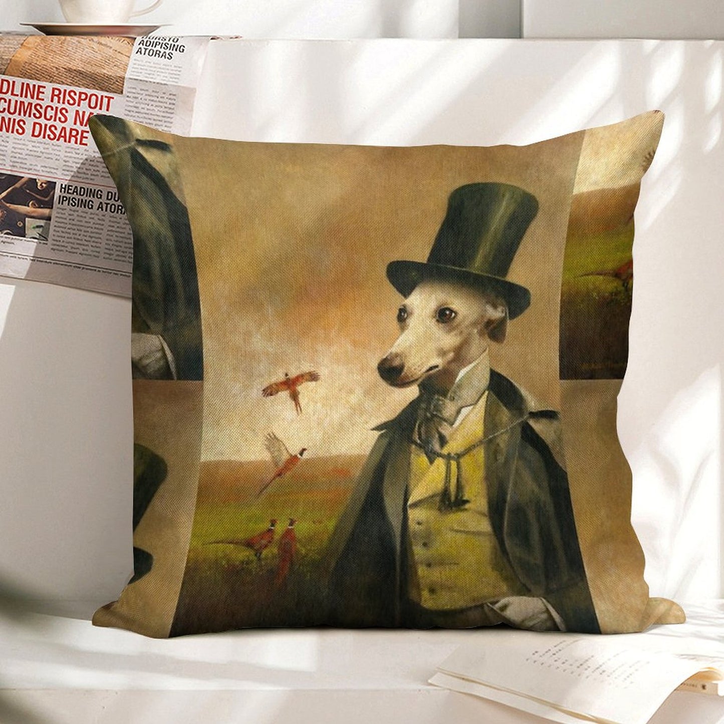 Victorian Whippet Linen Throw Pillow Cover