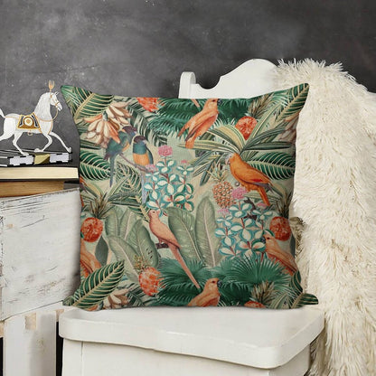 Vintage Orange Tropical Bird Jungle Botanical Garden Nightgarden Linen Throw Pillow Cover