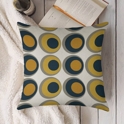 Double Dots Retro Pattern in Light And Dark Mustard Yellow, Navy Blue, Grey, And White Linen Throw Pillow Cover