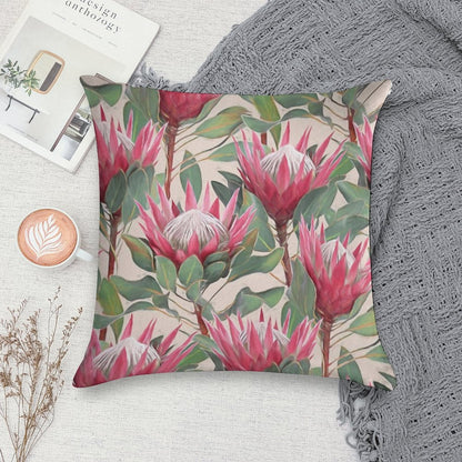 Painted King Proteas on Cream Soft Shrink-Resistant Throw Pillow