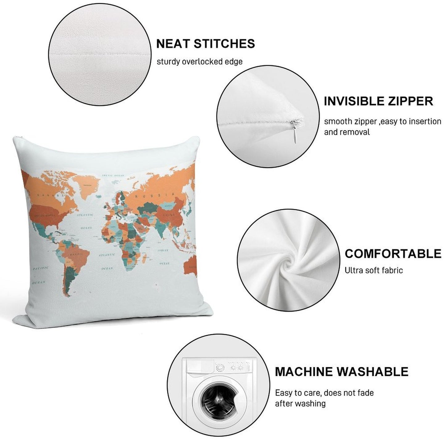 Map of The World in Burnt Orange And Teal Soft Luxury Feel Throw Pillow