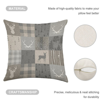 Rustic Woodland Patchwork - Grey And Beige Linen Throw Pillow Cover
