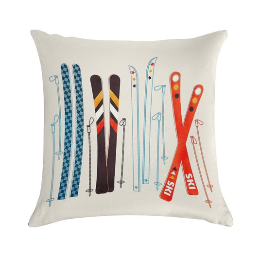 Colorful Retro Ski Illustration Soft Reinforced Edging Throw Pillow