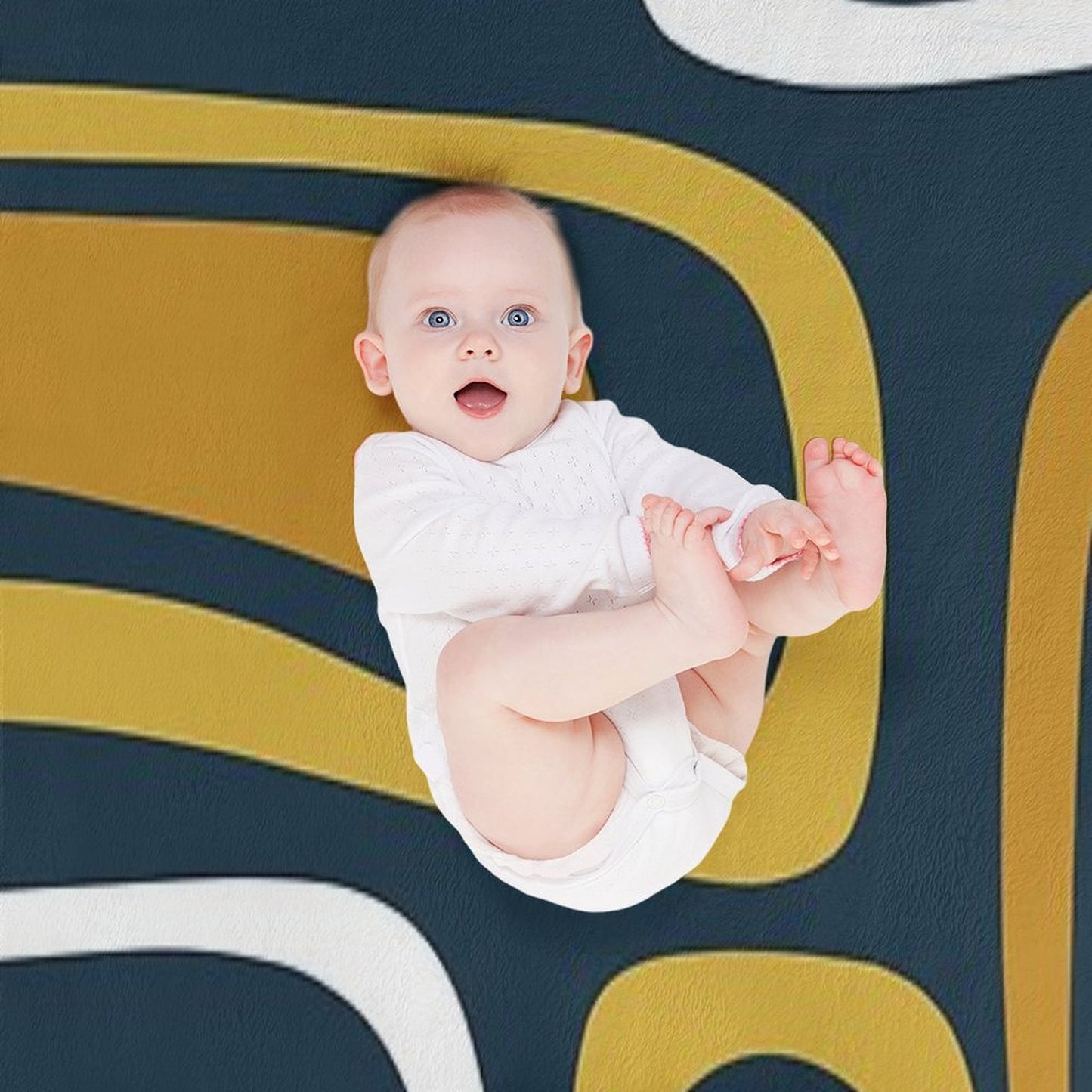 Palm Springs Mid-Century Modern Abstract Pattern in Light And Dark Mustard, Gray, And White on Navy Blue Throw Blanket