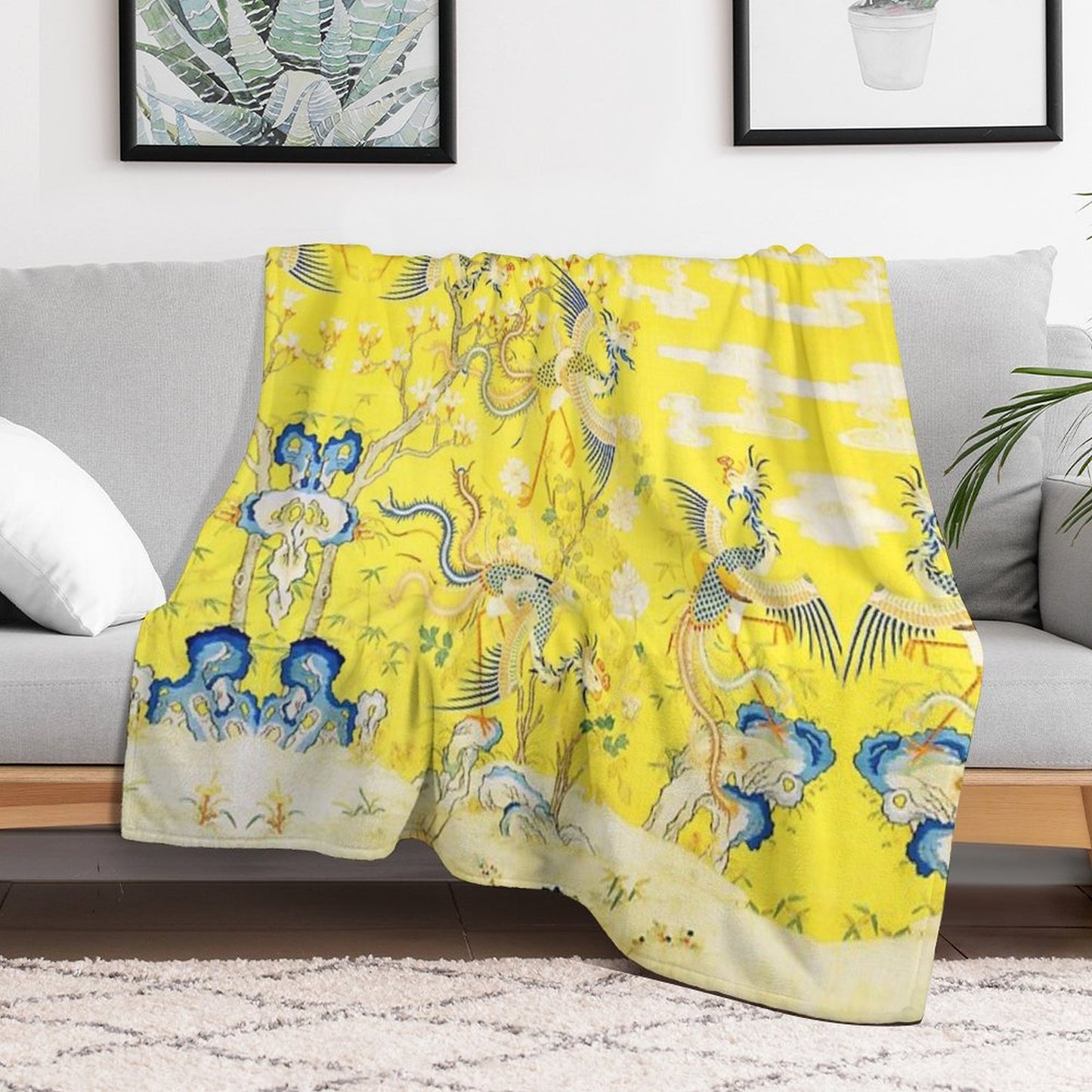 Five Phoenixes in The Garden ,Chinese Imperial Bright Yellow Floral Tapestry Throw Blanket