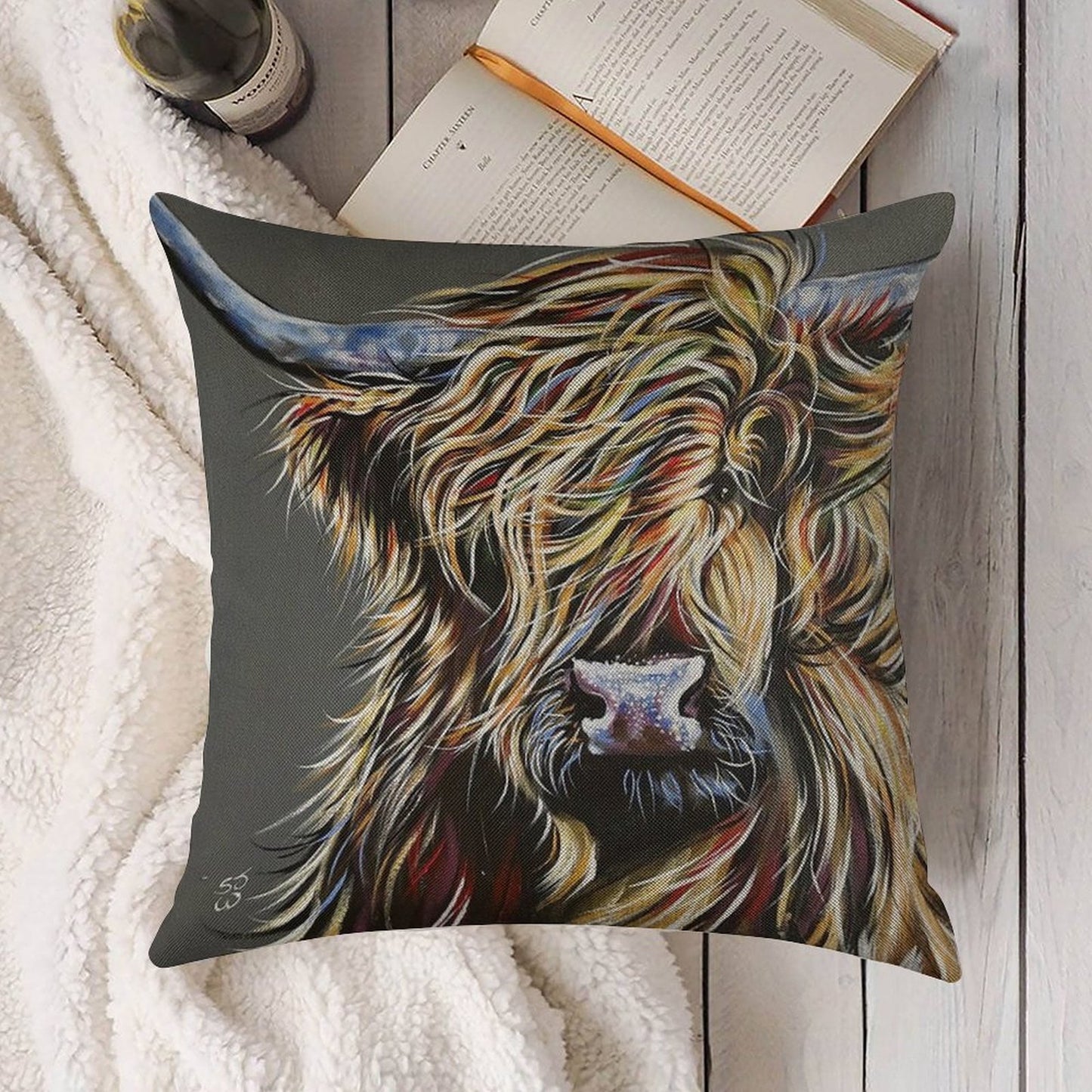 Beau The Colourful Highland Cow Linen Throw Pillow Cover