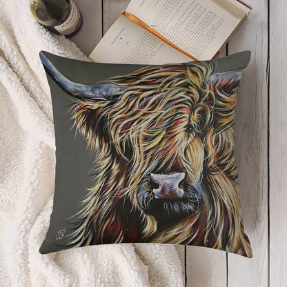 Beau The Colourful Highland Cow Linen Throw Pillow Cover