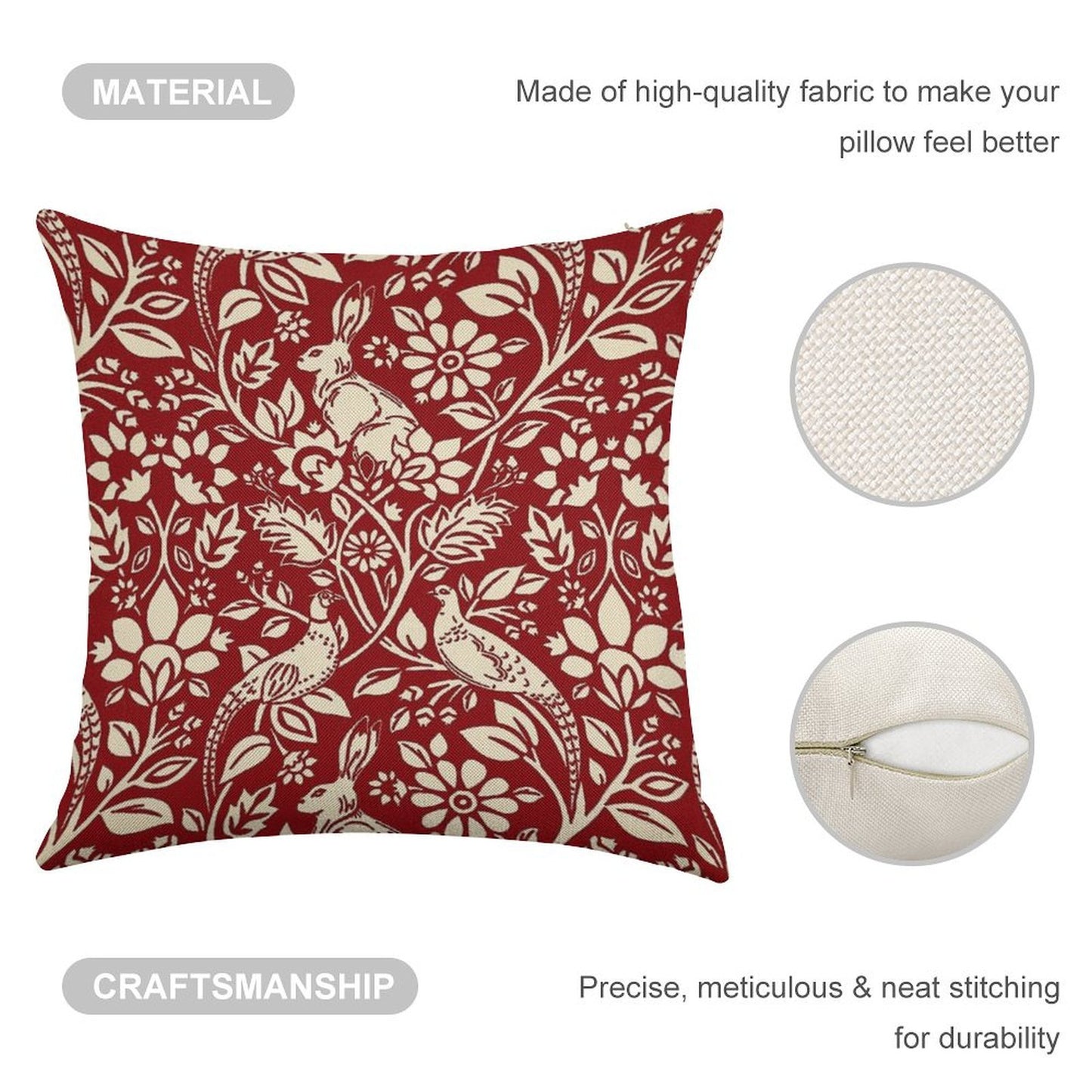 Pheasant And Hare Pattern, Deep Red And Cream Linen Throw Pillow Cover