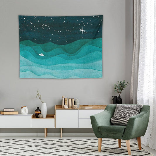 Starry Ocean, Teal Sailboat Watercolor Sea Waves Night Tapestry