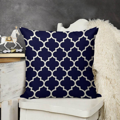Navy Blue Quatrefoil Pattern Linen Throw Pillow Cover