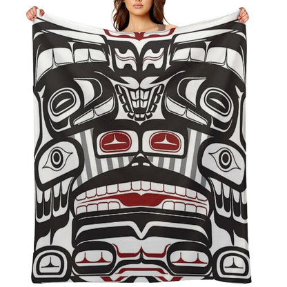 Thunderbird Bear Orca Totem Pole, Coastal Salish Haida Pacific North West Formline Design Native American Throw Blanket