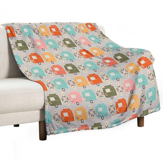 Colourful Vintage Caravans And Daisies Throw Blanket