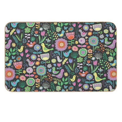 Birds And Blooms - Pastels on Black - Pretty Floral Bird Pattern by Cecca Designs  Rapid-Drying Bath Mat