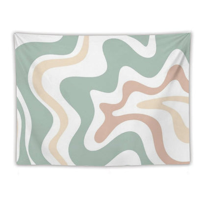 Liquid Swirl Retro Abstract in Light Sage Celadon Green, Light Blush, Cream, And White Tapestry
