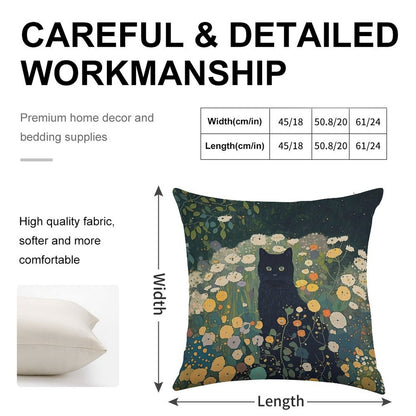 Cat in Klimt Garden Inspiration Linen Throw Pillow Cover