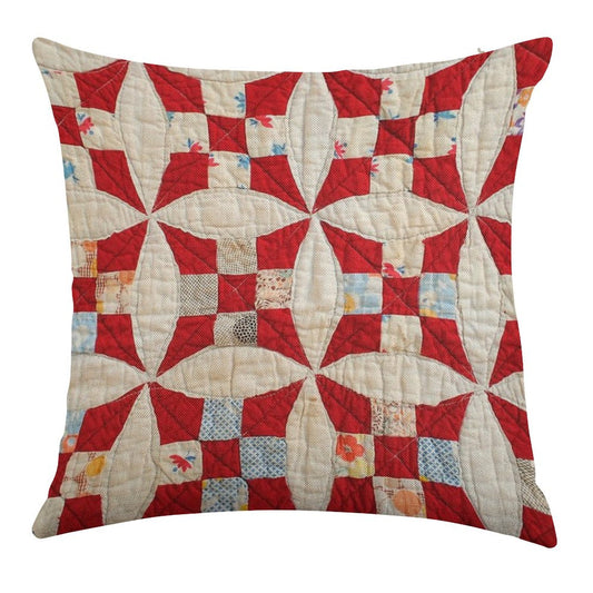 Vintage Patchwork Quilt in Red And White Linen Throw Pillow Cover