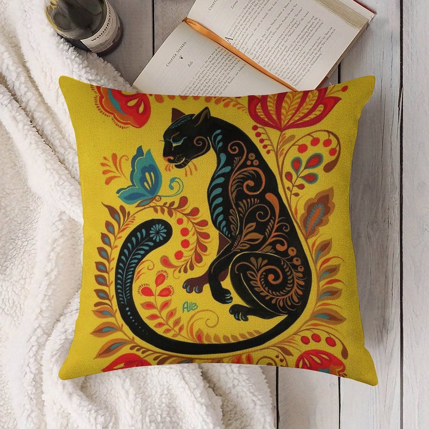 Panther & Butterfly Folk Art Linen Throw Pillow Cover