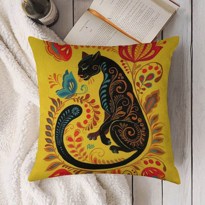 Panther & Butterfly Folk Art Linen Throw Pillow Cover