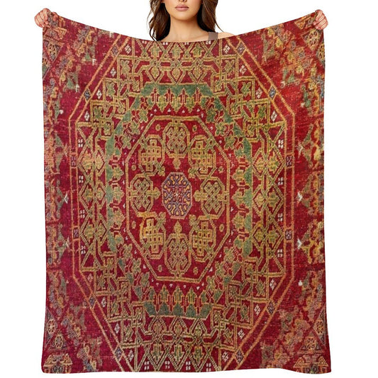 Bohemian Medallion VII  15th Century Old Distressed Red Green Coloful Ornate Accent Rug Pattern Throw Blanket