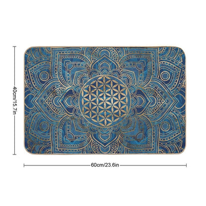 Flower of Life in Lotus Mandala - Blue Marble And Gold Bath Mat