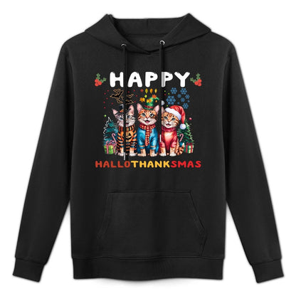 Happy HalloThanksMas Cats Halloween Thanksgiving Christmas Casual Wear Hoodie