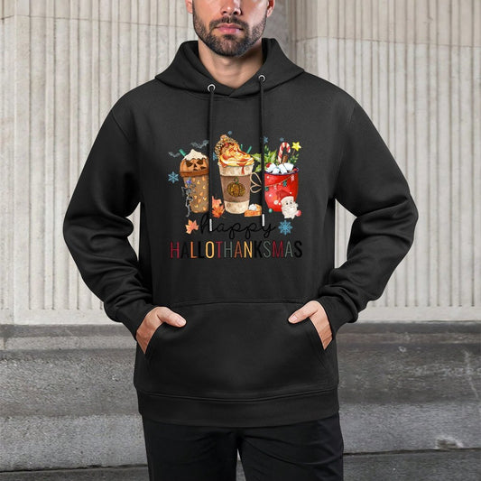 Happy Hallothanksmas Coffee Halloween Thanksgiving Christmas Medium-Weight Fabric Hoodie