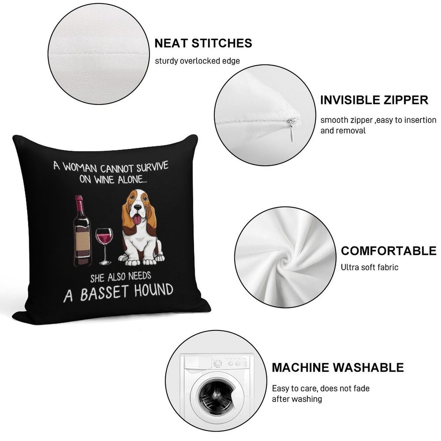 Basset Hound And Wine Funny Dog Soft Fade-Resistant Throw Pillow