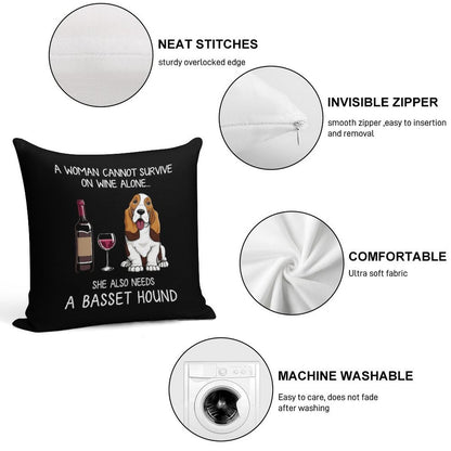 Basset Hound And Wine Funny Dog Soft Fade-Resistant Throw Pillow